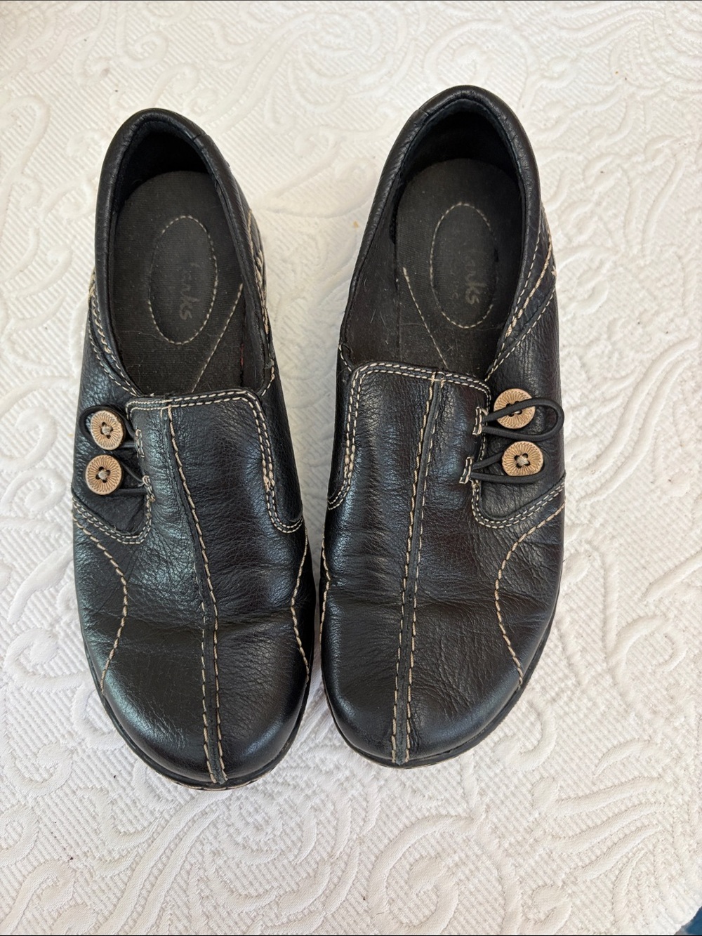 Clarks Navy Blue Leather Slip-On Flats with Button Accent